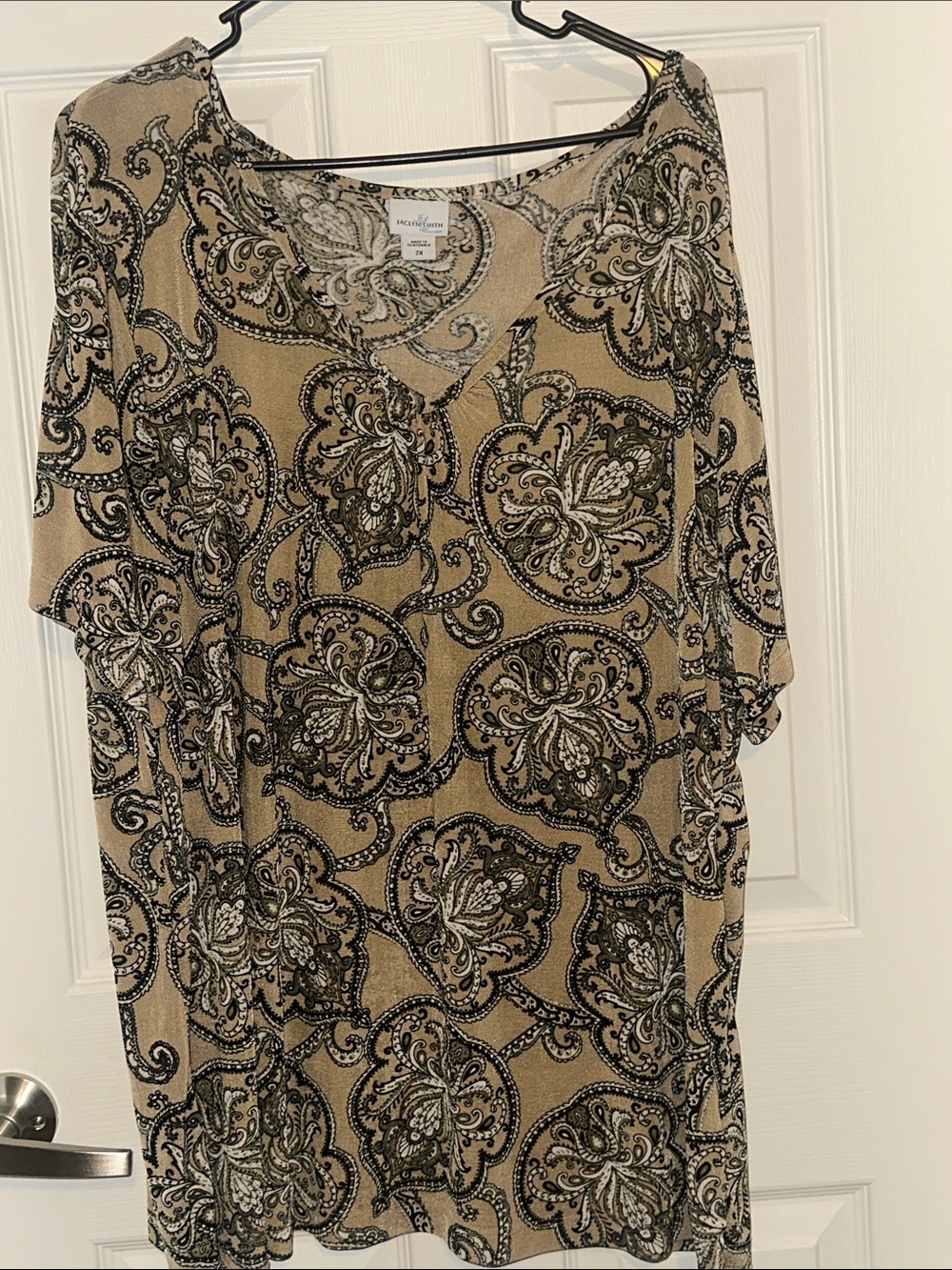 Paisley V-Neck Tunic in Tan, Black & Cream